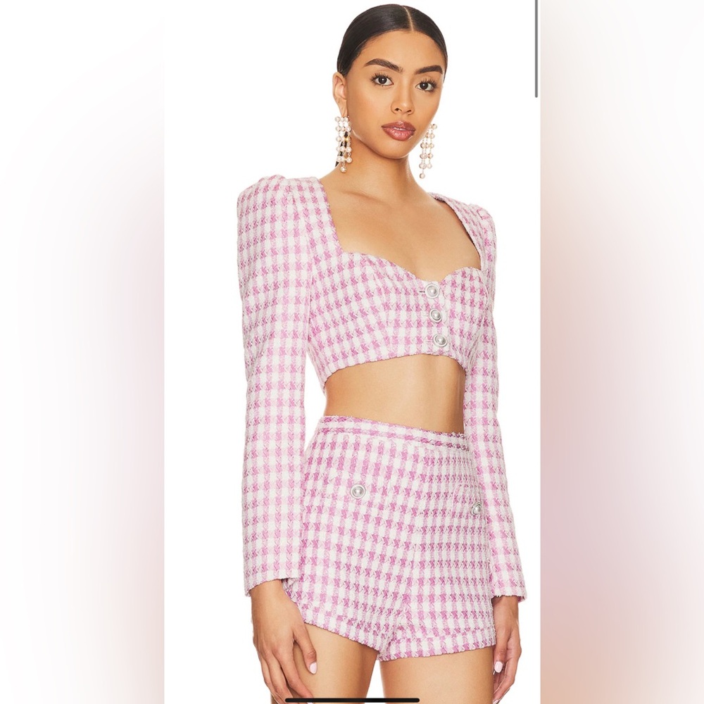 MAJORELLE Pink and White Houndstooth Cropped Sweetheart Button-Down Top